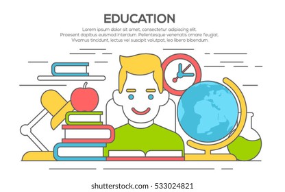 Flat Style, Thin Line Banner design of education, books, thinking, idea, achievement, learning, education, etc. Modern concept.