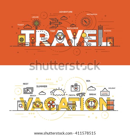 Flat Style, Thin Line Banner design of Travel and Vacation, Colors, Drawing, vision, etc. Modern concept. Vector Illustartion