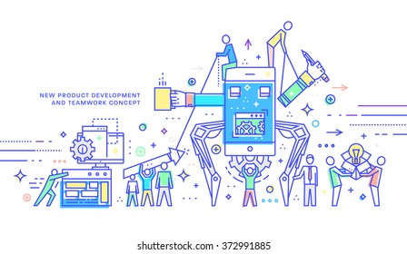 Flachstil, Thin Line Business Design. Set von Anwendungsentwicklung, Teamwork, Web-Site-Codierung, Informationen und mobile Technologien Vektorsymbole und -elemente. Moderne Kollektion von Vektorgrafiken