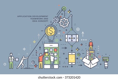 Flat Style, Thin Line Business Design. Set of application development, teamwork, web site coding, information and mobile technologies vector icons and elements. Modern concept vectors collection
