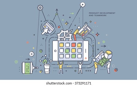 Estilo Plano, Diseño De Negocios De Línea Delgada. Conjunto de elementos e íconos vectores de desarrollo de aplicaciones, trabajo en equipo, codificación de sitios web, información y tecnologías móviles. Colección moderna de vectores de concepto