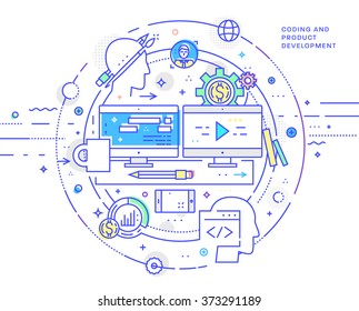 Flat Style, Thin Line Business Design. Set of application development, teamwork, web site coding, information and mobile technologies vector icons and elements. Modern concept vectors collection