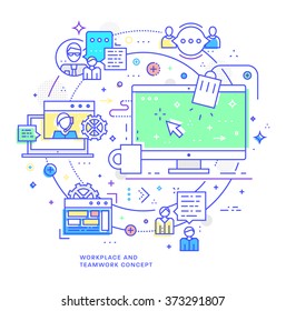 Flat Style, Thin Line Business Design. Set of application development, teamwork, web site coding, information and mobile technologies vector icons and elements. Modern concept vectors collection