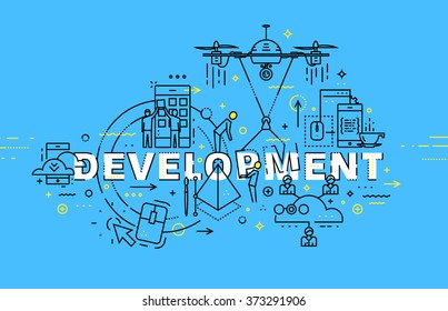 Estilo Plano, Diseño De Negocios De Línea Delgada. Conjunto de elementos e íconos vectores de desarrollo de aplicaciones, trabajo en equipo, codificación de sitios web, información y tecnologías móviles. Colección moderna de vectores de concepto