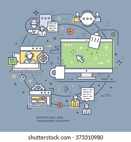 Flat Style, Thin Line Business Design. Set of application development, teamwork, web site coding, information and mobile technologies vector icons and elements. Modern concept vectors collection