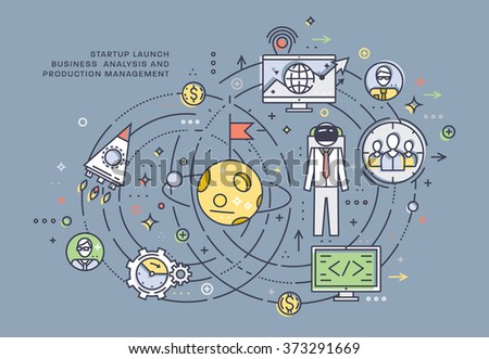 Flat Style, Thin Line Business Design. Set of application development, teamwork, web site coding, information and mobile technologies vector icons and elements. Modern concept vectors collection