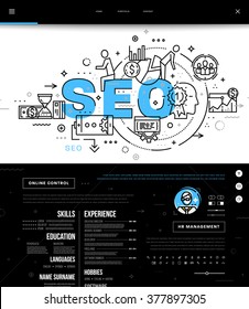 Flat Style, Thin Line One Page Web Site Design. Set of application development, web site coding, information and mobile technologies vector icons and elements. Modern concept vectors collection