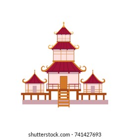 Flat style tiered Japanese, Chinese, Asian traditional pagoda building, front view cartoon vector illustration isolated on white background. Traditional Japanese, Chinese, Asian pagoda building