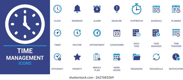 Flat style time management icons for productivity, schedule, planner, task manager, alarm, countdown, reminders. Perfect for apps, UI UX, and business tools.