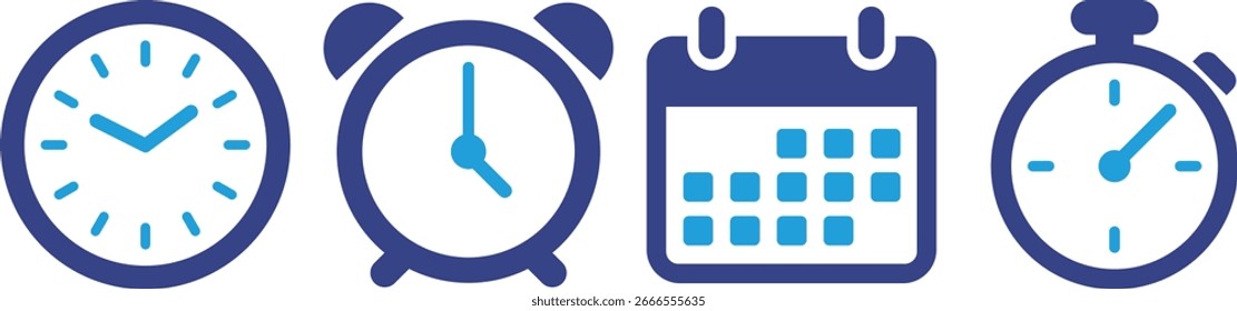 Iconos de gestión de tiempo de estilo plano configurados con reloj, alarma, calendario y cronómetro, que representan herramientas de programación, recordatorio, planificación, fecha límite y productividad para proyectos digitales.