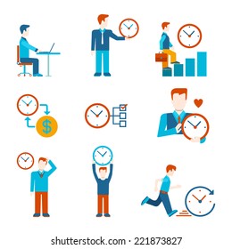 Flat style time is money business people figures infographics user interface icons set work rest grow time-management isolated vector illustration collection