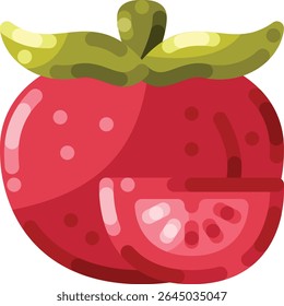Flat style tomato icon with bold red color and green leaves. Ideal for food-related designs, organic product illustrations, farm graphics, and healthy eating themes.