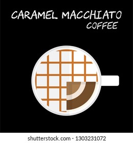 Flat style Top view of Hot Caramel Macchiato coffee with milk foam and caramel syrup Illustration in vector on square black background.