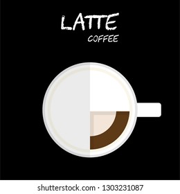 Flat style Top view of Hot Latte coffee with milk foam  Illustration in vector on square black background.