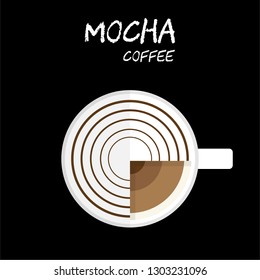 Flat style Top view of Hot Mocha coffee with Milk foam and chocolate syrup Illustration in vector on square black background.