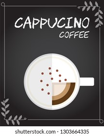 Flat style Top view of Hot Cappuccino coffee with milk foam and cinnamon powder Illustration in vector on black background with leaves vine frame.