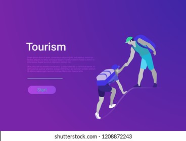 Flat style tourism hiking vector illustration banner template. Couple climbing on mountain 	
peak. Hobby and leisure sport time