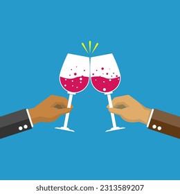 Flat style of tow hands holding cup of wine cheer together cooperate on blue background, teamwork handshake for truth or contract business concept, editable shape and object copy space for text