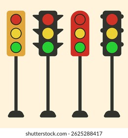 Flat style traffic lights illustration with red yellow green signals on beige background, modern vector urban design