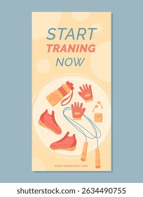 Flat style training banner design with gym equipment and sport tools. Fitness lifestyle equipment including shoes, rope, and gloves. Minimal colorful background, ideal template for workout exercise