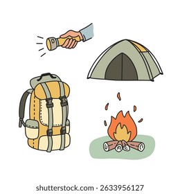 Flat style travel accessories set, suitable for outdoor recreation and tourism theme