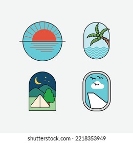 Flat style travel badge set: sunset at sea, beach vibes, night camping, and airplane window view.