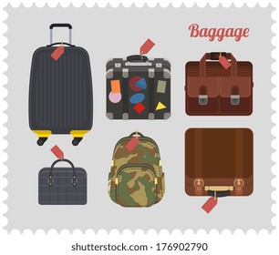 flat style travel bag icons set, baggage, bag, suitcase, cases and backpack,  isolated vector illustration.