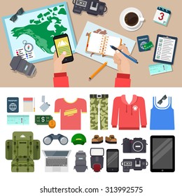 Flat style travel blog icon set. Top view table. Camera lens notes tablet smart phone clothes speedlight laptop backpack binocular money passport ticket lighter cigarette. Holiday vacation concept.