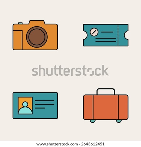 Flat Style Travel Essentials Icon Set with Orange Camera, Teal Ticket, ID Card, and Red Suitcase on Light Background