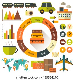 Flat style travel infographic with objects collection including plane, luggage, cup of coffee, car, ship, train, world map, passport, ticket, photo camera. Elements of this image furnished by NASA