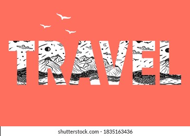 Flat style, travel and leisure banner in black and white on a red background with white birds. Modern concept. vector illustration of mountains and starry sky inside letters.for advertising concepts