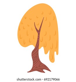 Flat style tree with yellow foliage and textured trunk. Cartoon vector illustration on white background.