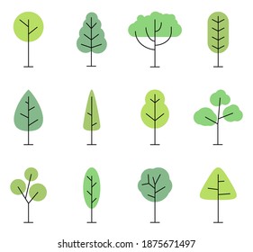Flat style trees icon set isolated on white background. Forest tree nature plants, Vector illustration