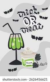 Flat Style Trick or Treat Poster with Goblet of Potion and Poison Jar, Perfect for Halloween Party Invitations