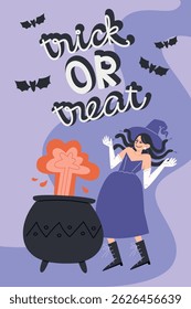 Flat Style Trick or Treat Poster Featuring an Evil Laughing Witch and a Boiling Cauldron, Perfect for Halloween Party Invitations
