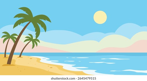 Flat style tropical beach with palm trees, pastel sky, soft clouds, blue ocean, and yellow sun. Use postcards, prints, invitations, posters, clothing, advertising, business