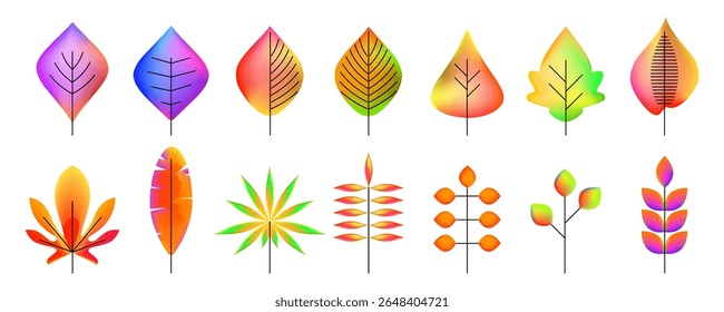 Conjunto de hojas tropicales de estilo plano hechas en Vector . Diferentes tipos de plantas florales. Textura degradada.