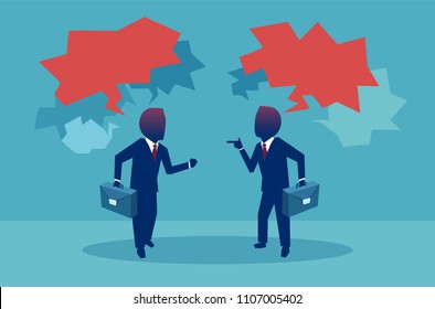 Flat style of two businessman having debates during meeting with red speech bubbles on blue background