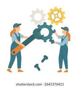 Flat Style Two Female Mechanics Repairing Machinery with Tools Illustration
