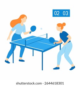 Flat Style Two Female Players Playing Table Tennis Game Illustration