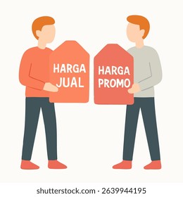 Flat Style Two Men Holding Sale Price Tags Marketing Illustration