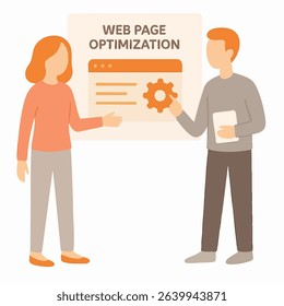 Flat Style Two People Discussing Web Page Optimization Illustration Design