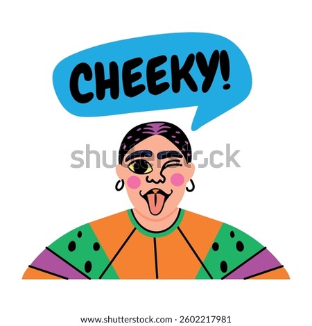 Flat style typographic sticker of a cheeky character 