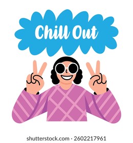 A flat style typographic sticker showing a chill girl 