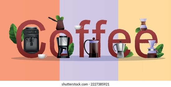 Flat style typography poster with automatic and manual coffee equipment on three color background vector illustration