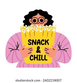 A flat style typography sticker of a character doing snack chill
