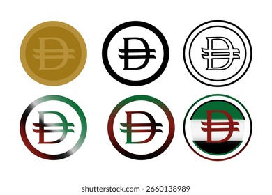 Estilo Plano UAE Dirham Conjunto de Símbolos de Moeda - Ouro, Preto, Branco UAE Cores de Bandeira