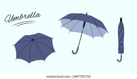 Flat style umbrella. Set of umbrellas in various positions. Open and folded umbrella. 