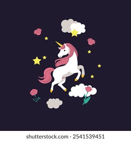 Unicornio de estilo plano entre nubes, estrellas y rosas. Portada de libro de fantasía para niños. Una criatura de cuento. Magia y encanto. Los sueños de los niños. Cuentos de hadas e historias.