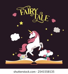 Flat style unicorn among clouds, stars and roses. A living fairy tale. Children's fantasy book cover. A fairy tale creature. Magic and enchantment. Children's dreams. Fairy tales and stories.